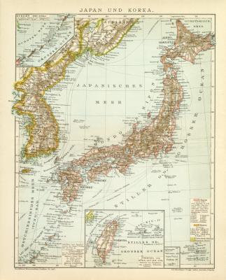 Japan und Korea Karte Lithographie 1898 Original der Zeit
