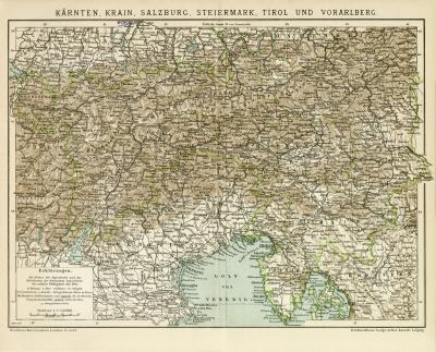 Kärnten Krain Salzburg Steiermark Tirol und Vorarlberg historische Landkarte Lithographie ca. 1899