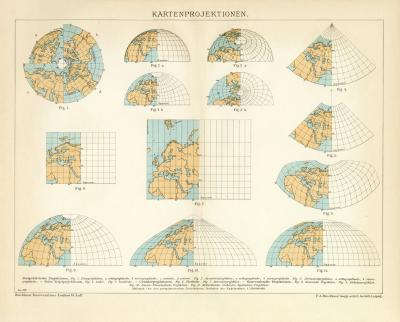 Kartenprojektionen Karte Lithographie 1899 Original der Zeit