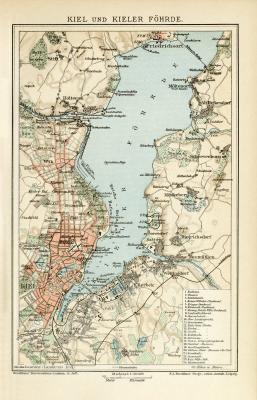 Kiel und Kieler F&ouml;rde Stadtplan Lithographie 1891 Original der Zeit