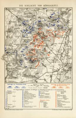 Die Schlacht von Königgrätz historische Militärkarte Lithographie ca. 1899