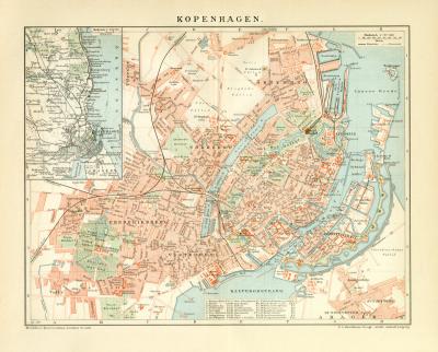 Kopenhagen Stadtplan Lithographie 1899 Original der Zeit