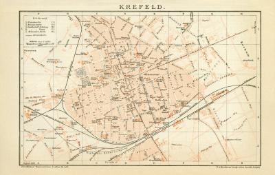 Krefeld historischer Stadtplan Karte Lithographie ca. 1898