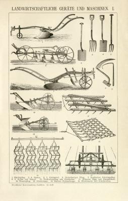 Landwirtschaft Geräte & Maschinen I. + II. Holzstich 1892 Original der Zeit