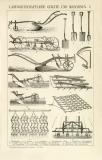 Landwirtschaft Geräte & Maschinen I. - II. historische Bildtafel Holzstich ca. 1892