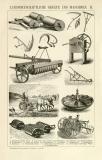 Landwirtschaft Geräte & Maschinen I. - II. historische Bildtafel Holzstich ca. 1892