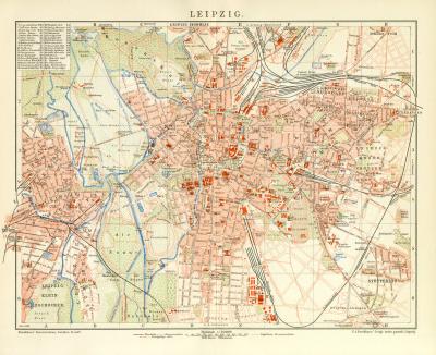 Leipzig Stadtplan Lithographie 1899 Original der Zeit