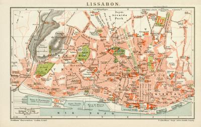 Lissabon Stadtplan Lithographie 1898 Original der Zeit