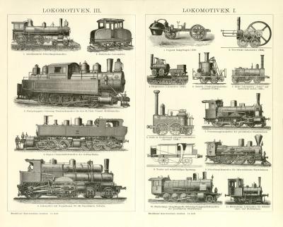 Lokomotiven I. + III. Holzstich 1891 Original der Zeit