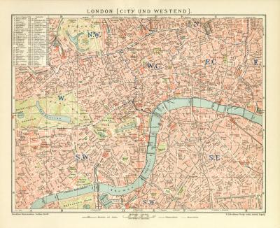 London City Westend Stadtplan Lithographie 1899 Original der Zeit