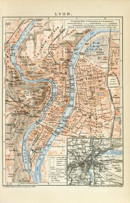Lyon historischer Stadtplan Karte Lithographie ca. 1899