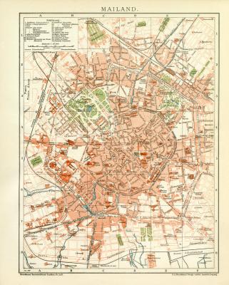 Mailand Stadtplan Lithographie 1899 Original der Zeit