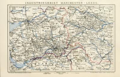 Industriegebiet Manchester Leeds Karte Lithographie 1899 Original der Zeit