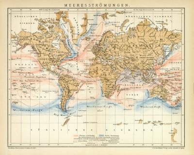 Meeresstr&ouml;mungen Welt Karte Lithographie 1899 Original der Zeit