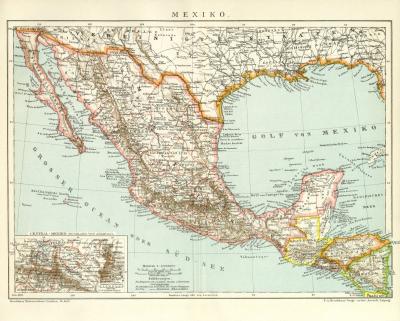 Mexiko Karte Lithographie 1899 Original der Zeit