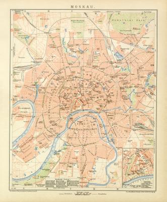 Moskau historischer Stadtplan Karte Lithographie ca. 1899