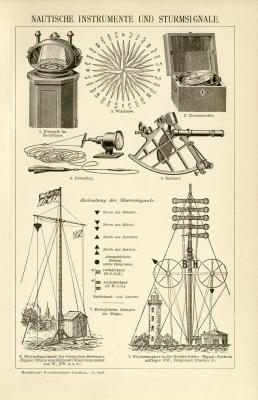 Nautische Instrumente & Sturmsignale historische Bildtafel Holzstich ca. 1892