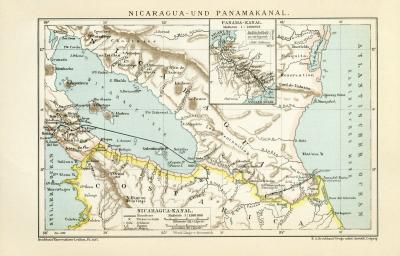 Nicaragua &amp; Panama Kanal Karte Lithographie 1899 Original der Zeit
