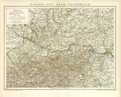 Nieder- & Oberösterreich Karte Lithographie 1898 Original der Zeit