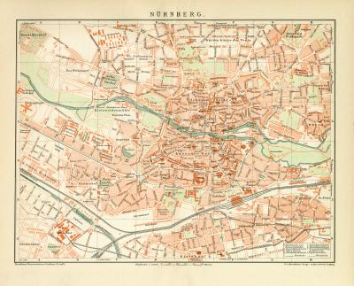 Nürnberg historischer Stadtplan Karte Lithographie ca. 1899
