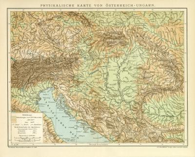 Physikalische Karte von Österreich-Ungarn historische Landkarte Lithographie ca. 1899