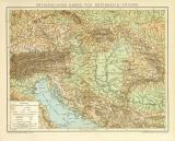 Physikalische Karte von Österreich-Ungarn historische Landkarte Lithographie ca. 1899