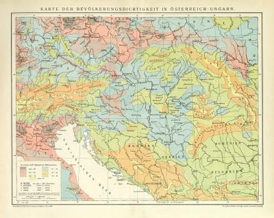 &Ouml;sterreich-Ungarn Bev&ouml;lkerungsdichte Karte Lithographie 1899 Original der Zeit