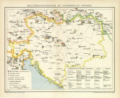 Militärdislokation in Österreich-Ungarn historische Militärkarte Lithographie ca. 1899