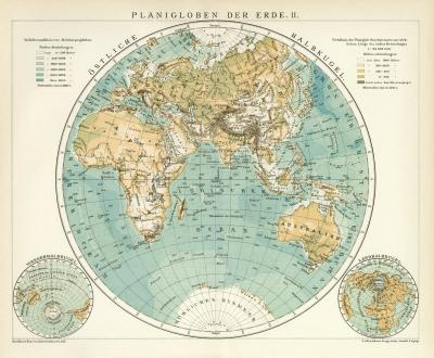 Planigloben der Erde II. historische Landkarte Lithographie ca. 1892