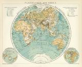 Planigloben der Erde II. Karte Lithographie 1892 Original...