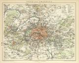 Paris und Umgebung historischer Stadtplan Karte Lithographie ca. 1899