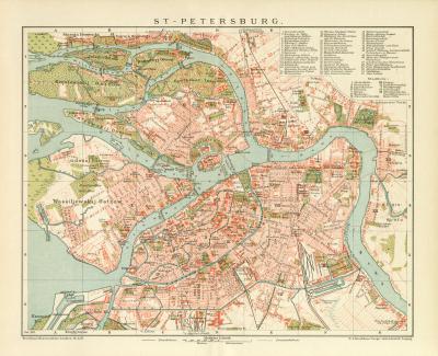 St. Petersburg Stadtplan Lithographie 1899 Original der Zeit