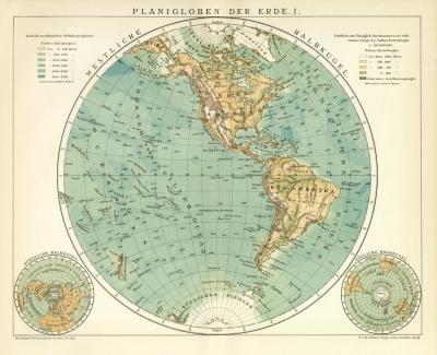 Planigloben der Erde I. historische Landkarte Lithographie ca. 1892