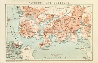 Plymouth und Umgebung historischer Stadtplan Karte Lithographie ca. 1899