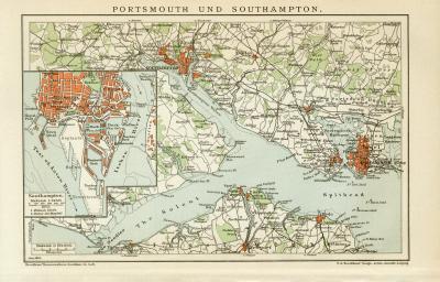 Portsmouth Southampton Stadtplan Lithographie 1899 Original der Zeit