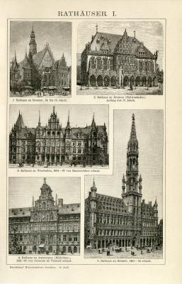 Rathäuser I. - II. historische Bildtafel Holzstich ca. 1892