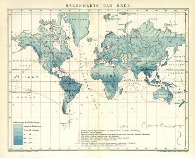 Erde Regenkarte Karte Lithographie 1892 Original der Zeit
