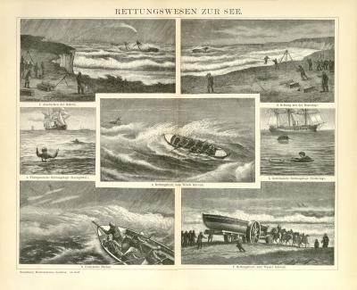 Rettungswesen zur See Holzstich 1892 Original der Zeit