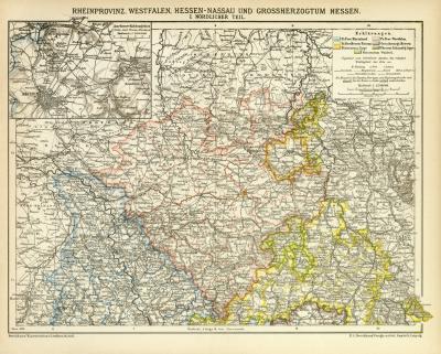 Rheinprovinz Westfalen Hessen I. Karte Lithographie 1899 Original der Zeit