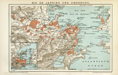 Rio de Janeiro Stadtplan Lithographie 1899 Original der Zeit