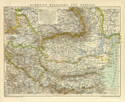 Rum&auml;nien Bulgarien Serbien Karte Lithographie 1899 Original der Zeit
