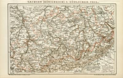 Königreich Sachsen Süd Karte Lithographie 1900 Original der Zeit