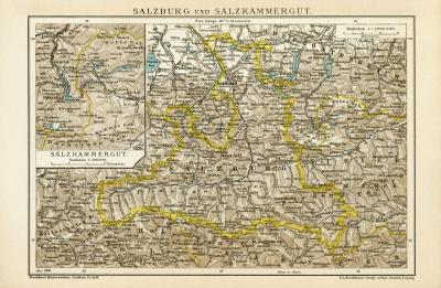 Salzburg & Salzkammergut Karte Lithographie 1900 Original der Zeit