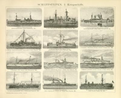 Schiffstypen I. Kriegsschiffe Holzstich 1898 Original der Zeit