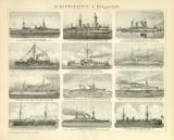 Schiffstypen I. Kriegsschiffe historische Bildtafel Holzstich ca. 1899
