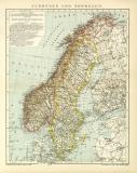 Schweden und Norwegen historische Landkarte Lithographie ca. 1900