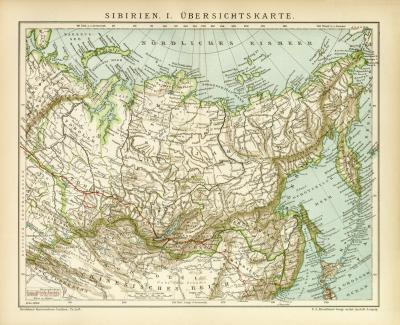 Sibirien I. Karte Lithographie 1899 Original der Zeit