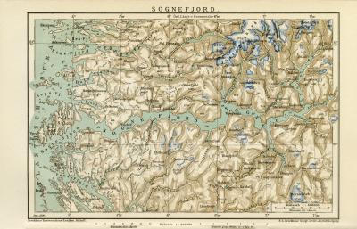 Sognefjord historische Landkarte Lithographie ca. 1900