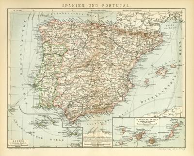 Spanien und Portugal Karte Lithographie 1900 Original der Zeit