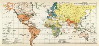 Verteilung der Staatsformen und Kolonialverfassungen auf der Erde historische Landkarte Lithographie ca. 1900